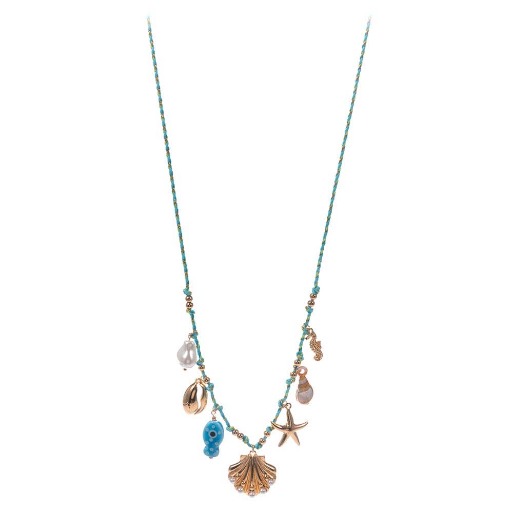 J5. Pearl Seashell Starfish Seahorse Charm Station Fabric Chain Twisted Necklace
