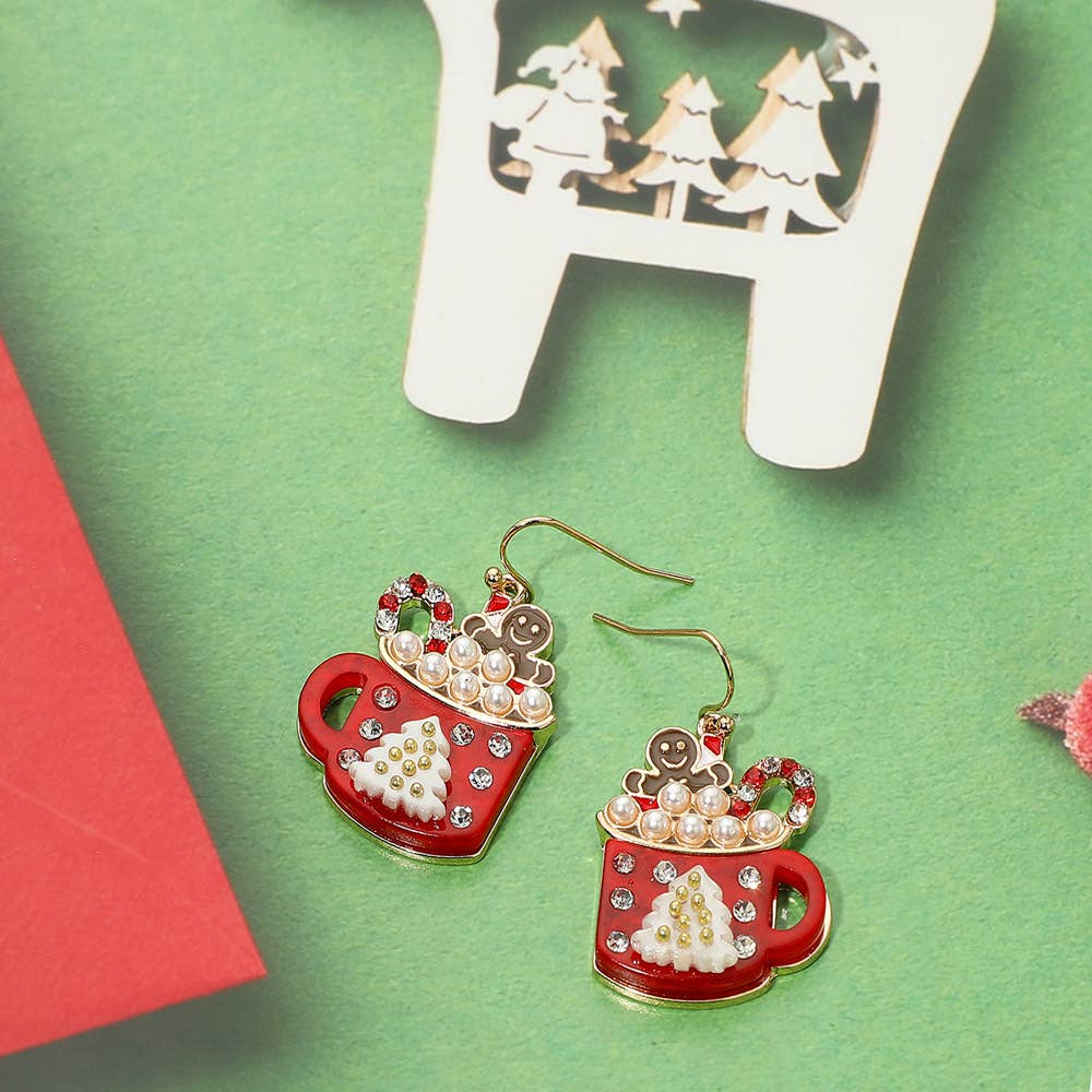 Gingerbread Man Pearl Bubble Holiday Cocoa Mug Dangle Earrings: Pink