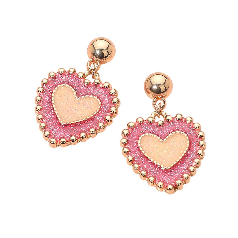 Enamel Glitter Beaded Edge Double Heart Dangle Earrings