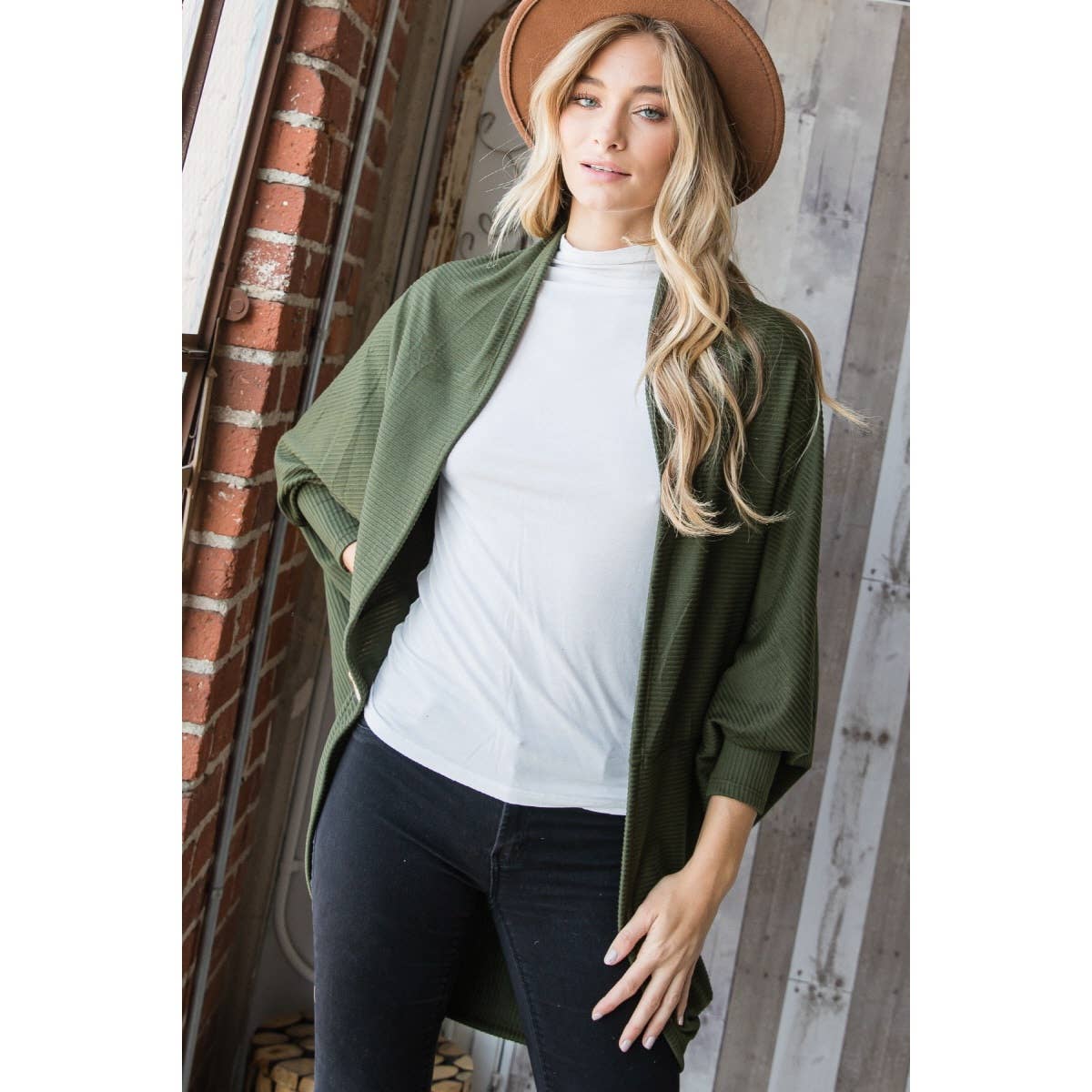 J70802 - Urban Knit Shawl Open Front Cardigan: Olive / M