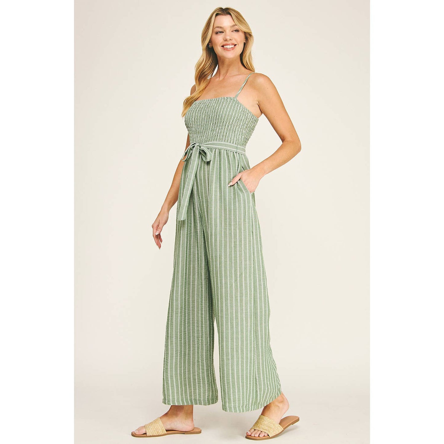 COASTAL STRIPE SMOCKED WIDE LEG JUMPSUIT