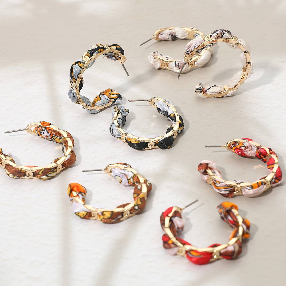 Boho Braided Scarf Fabric Hoop Earrings: Black,Gold