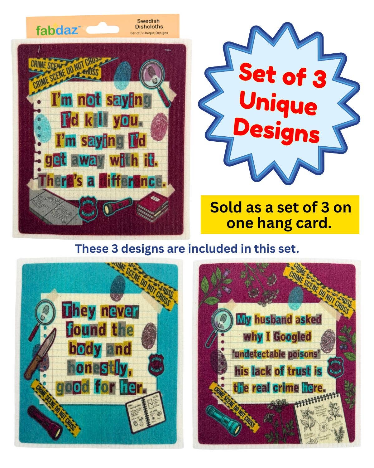 True Crime Funny Sayings - Set of 3 - Swedish Dishcloths