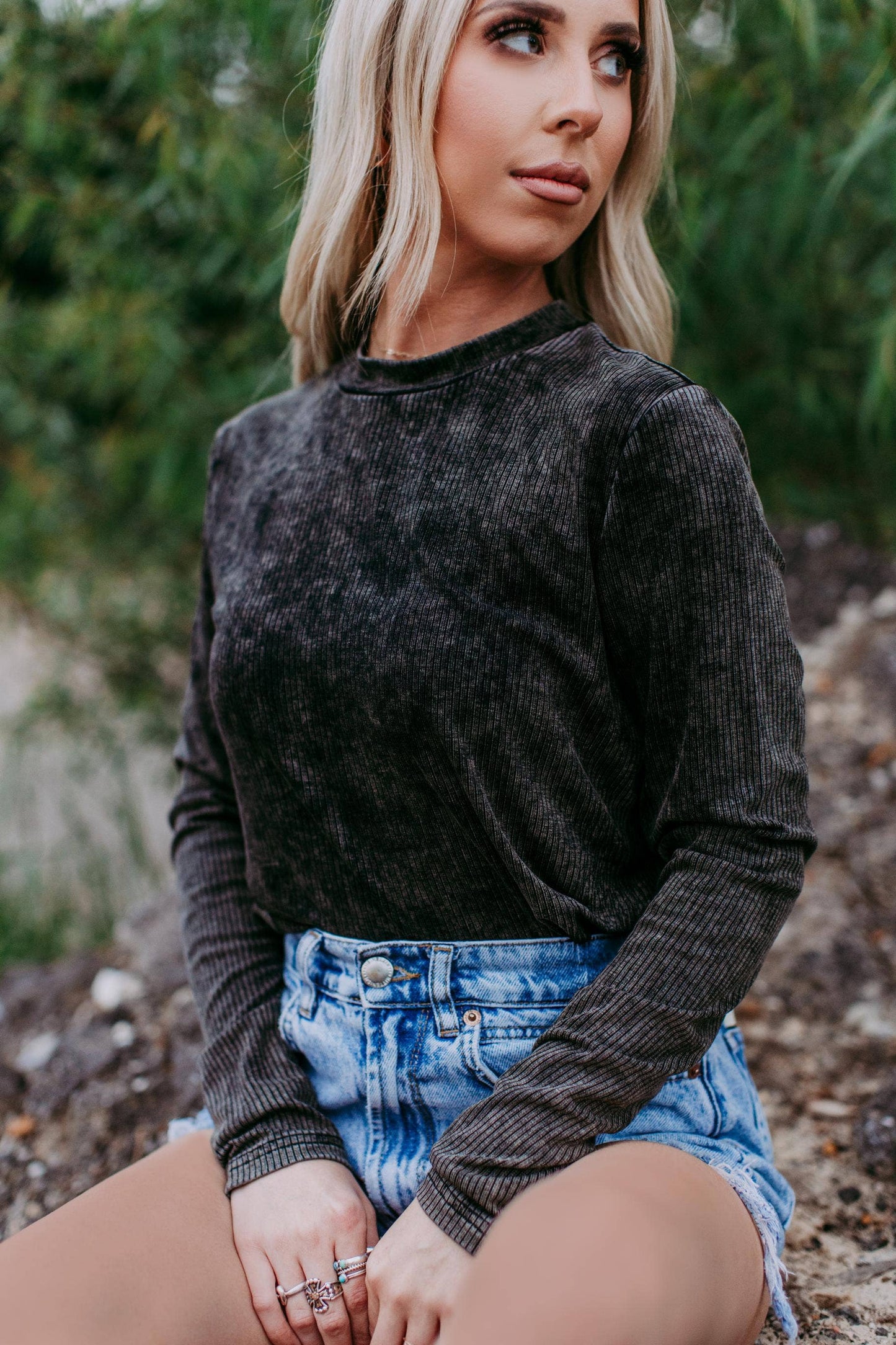 MK412 Acid Washed Ribbed LS Mock neck Top - Charcoal