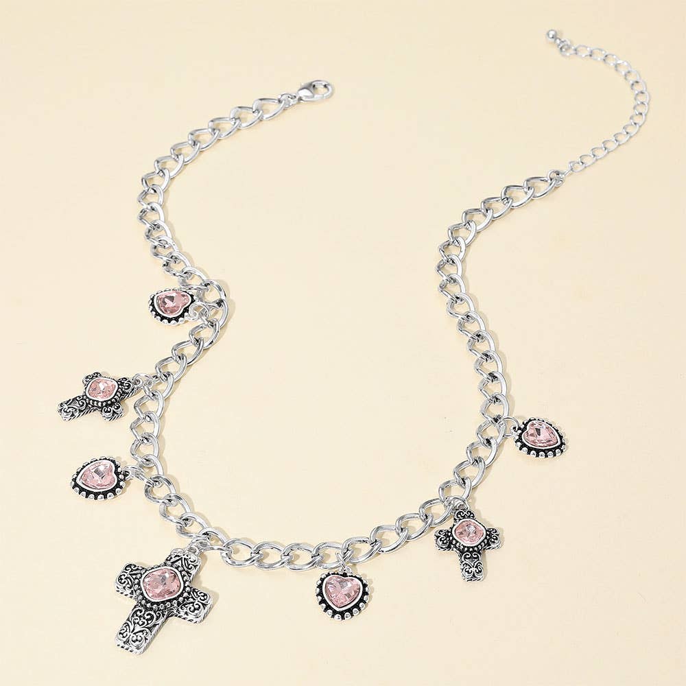 Vintage Stone Accent Cross Heart Charm Station Necklace: Antique Silver,Aqua