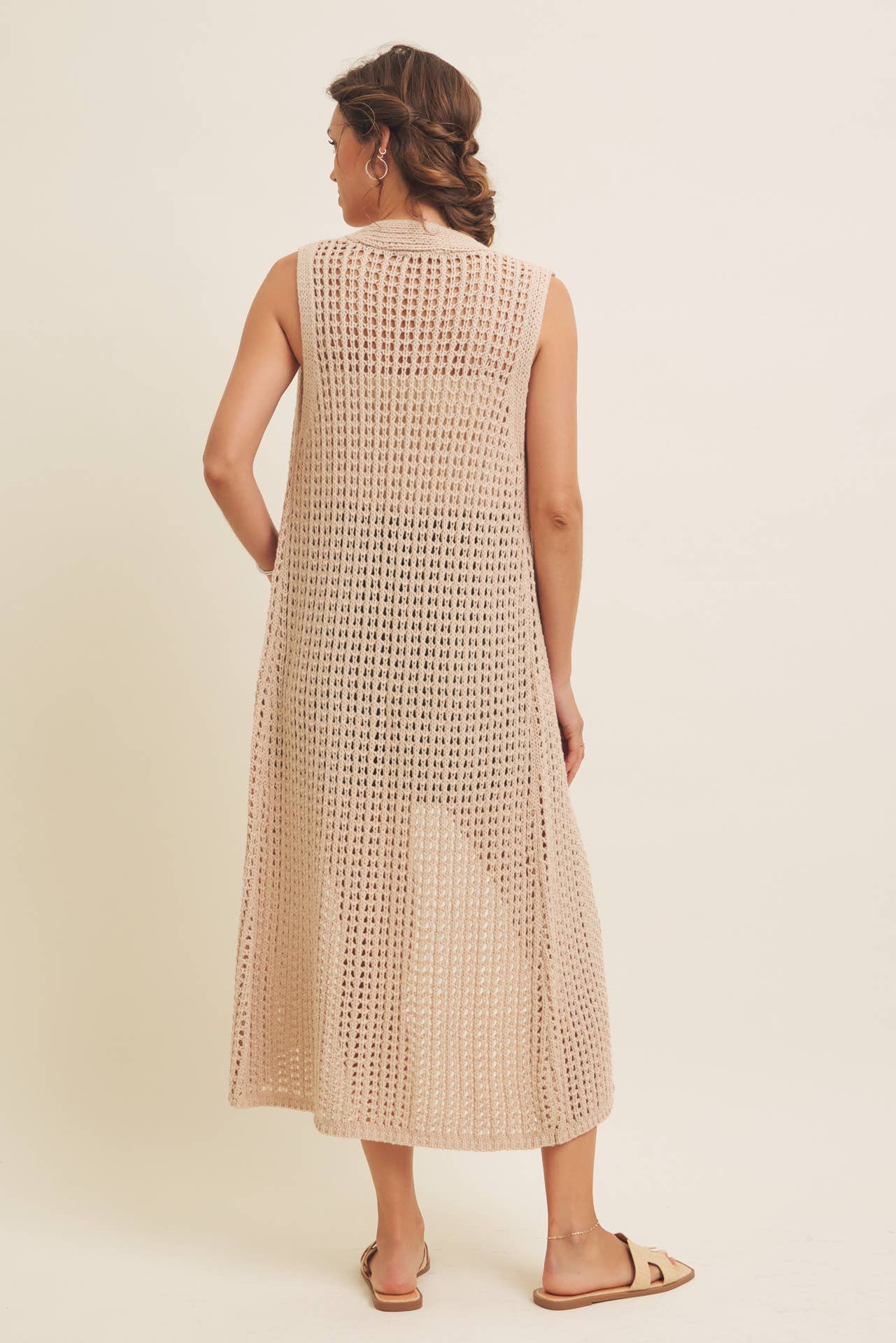 BUTTON-DOWN OPEN KNIT SLEEVELESS MIDI SWEATER CARDIGAN