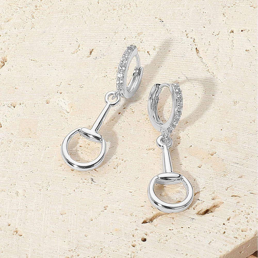 Stone Paved Huggie Hoop Accent Horsebit Drop Earrings