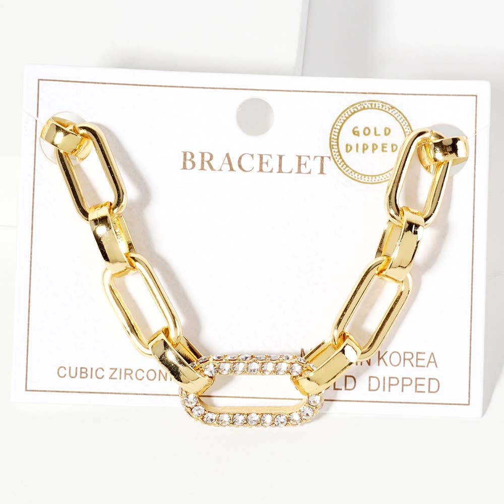 Gold Dipped CZ Stone Paved Oval Ring Link Chain Bracelet