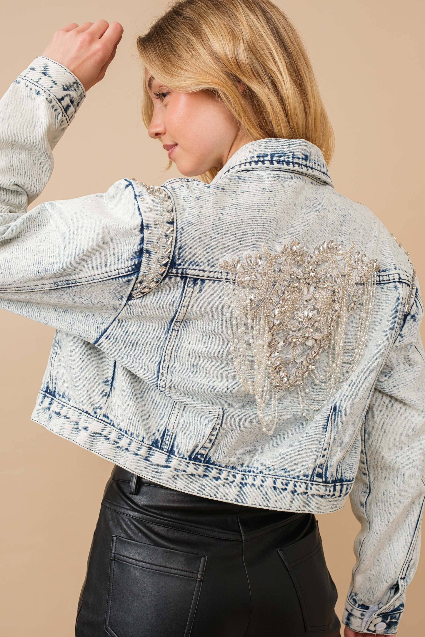 80037J - Acid Washed Shoulder Beading Denim Jacket