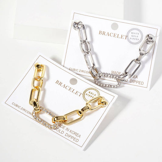 Gold Dipped CZ Stone Paved Oval Ring Link Chain Bracelet