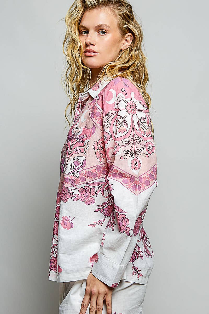 Vintage Floral Block Print Button-Down Shirt
