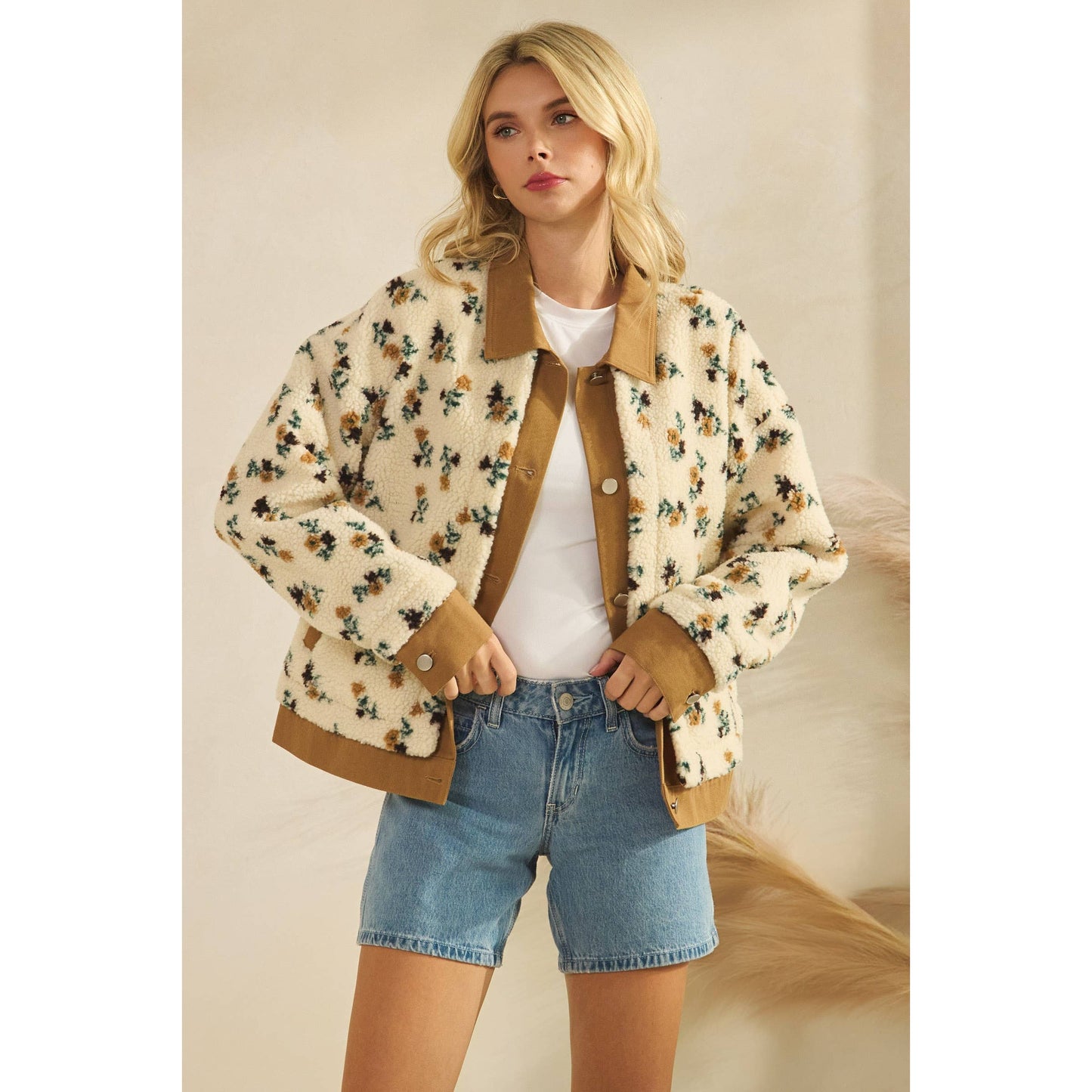 Printed Contrast Button Down Sweater: Brown / L