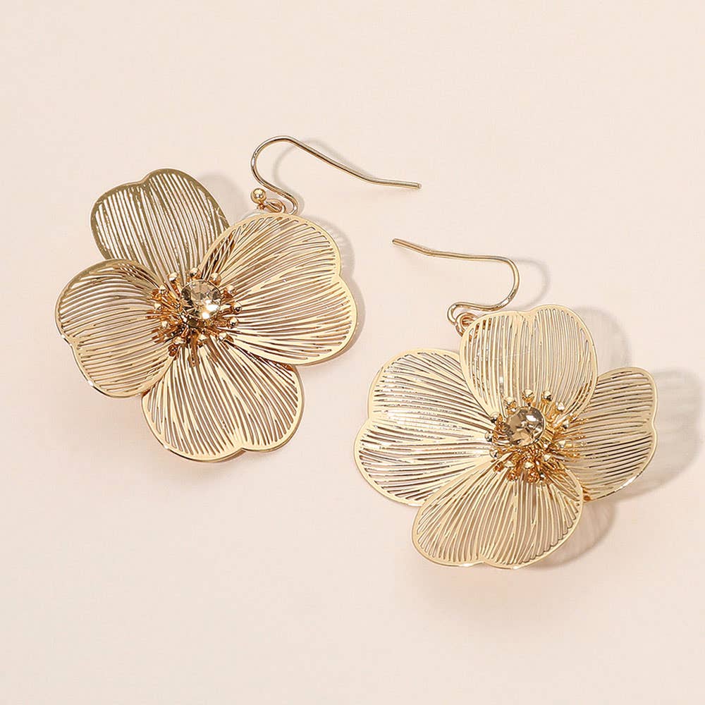 Stone Centered Pearl Back Detailing Metal Filigree Flower Drop Earrings