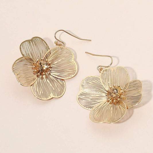 Stone Centered Pearl Back Detailing Metal Filigree Flower Drop Earrings