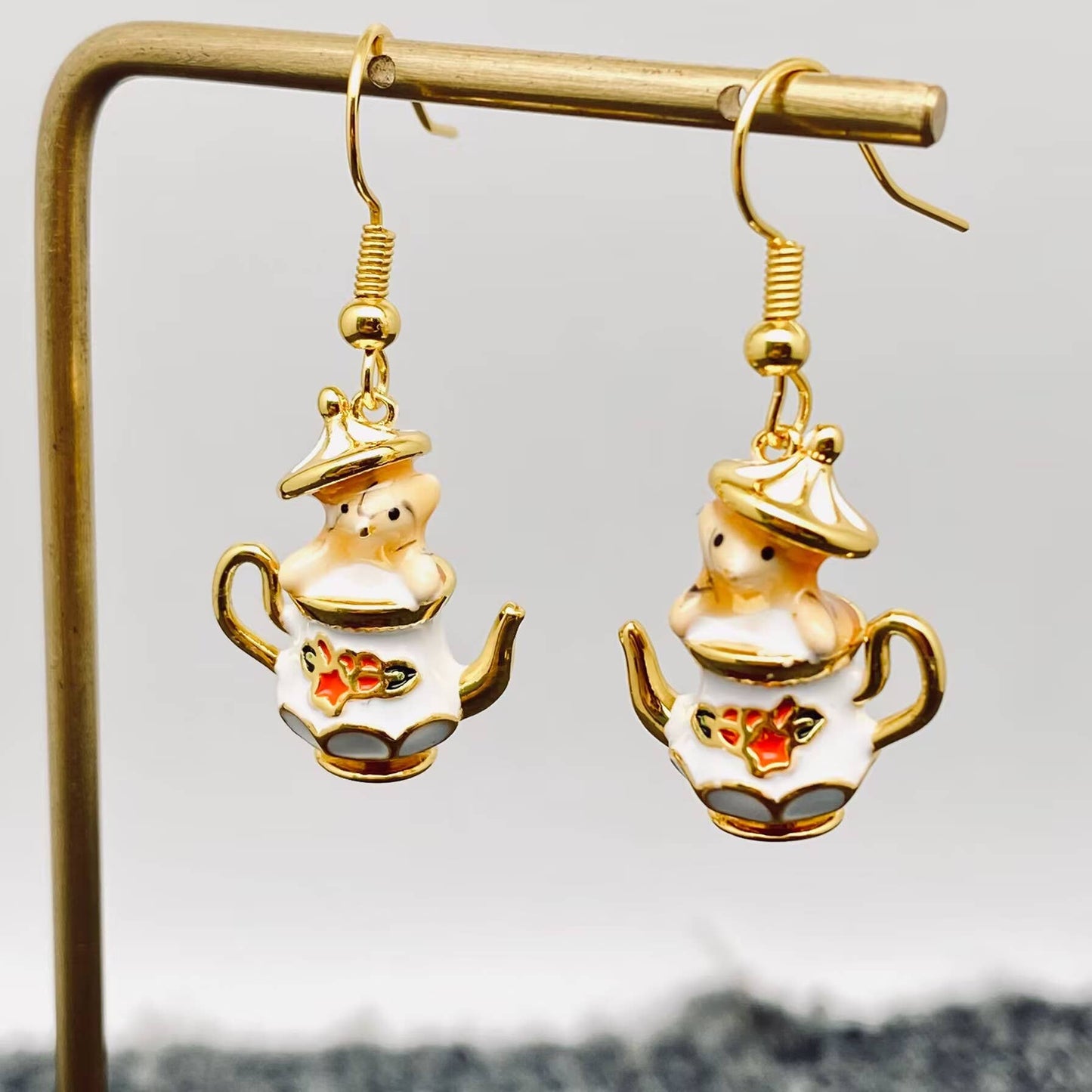 M26. The Chipmunk In The Teacup Creative Enamel Dangle Earrings