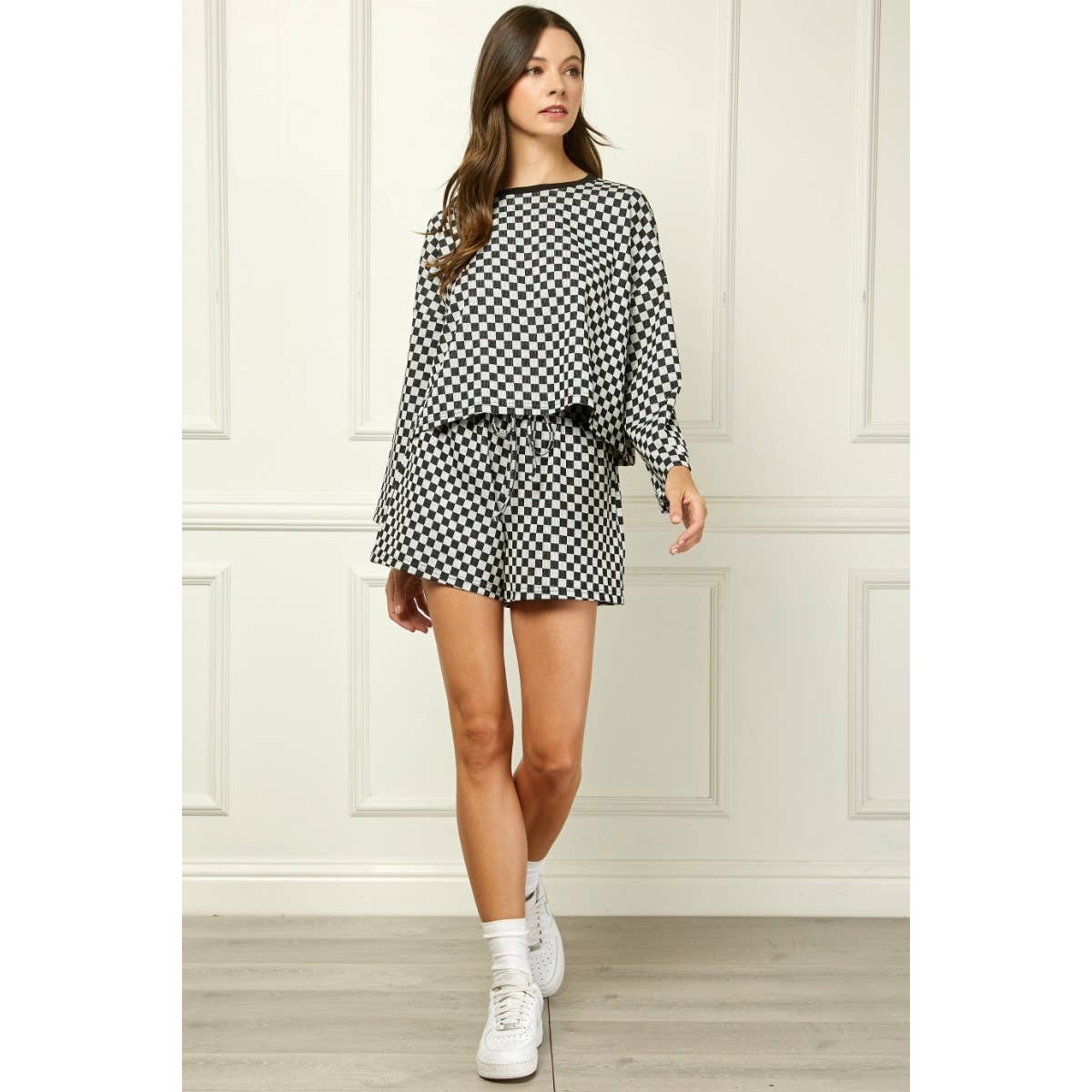 Checker Jersey Drawstring Short : Brown / M