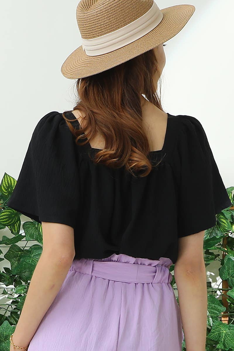 PLUS SQAURE NECK RUFFLE NECK SHORT SLEEVE BLOUSE