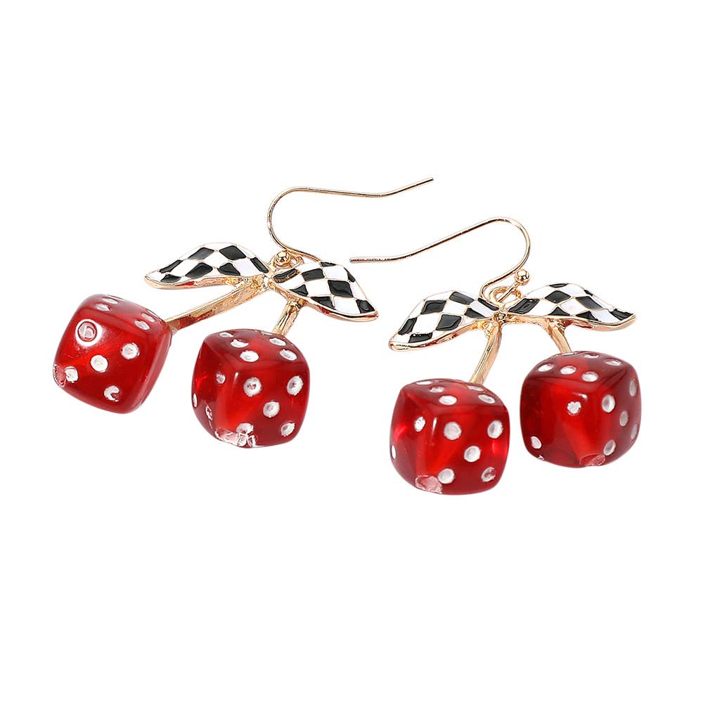 Enamel Retro Checkered Leaf Cherry Dice Dangle Earrings: Gold,Turquoise