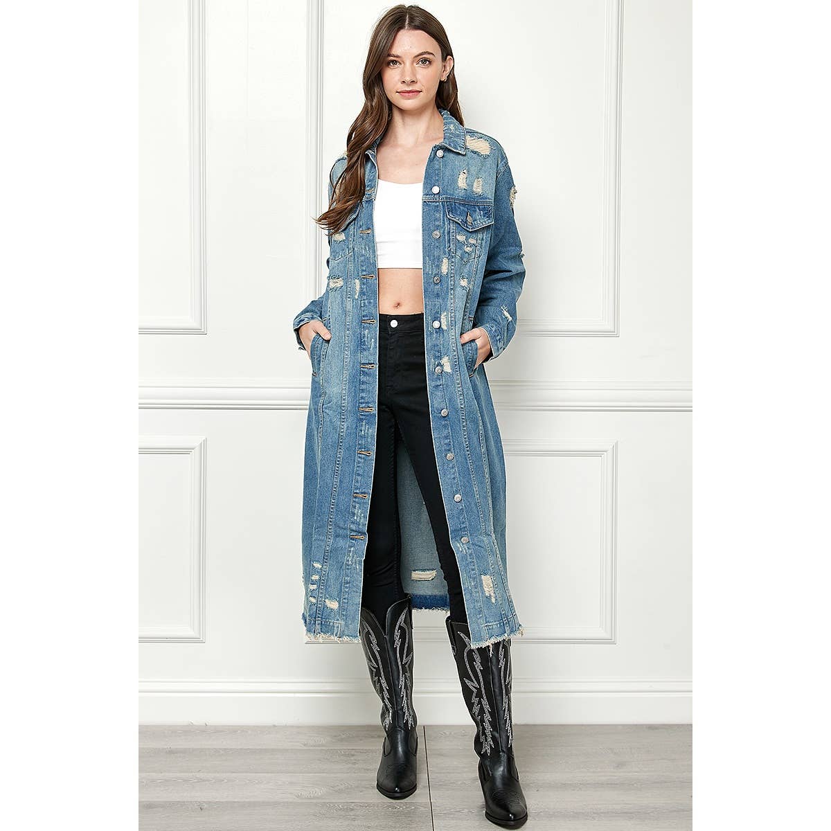Distressed Long Denim Jacket: Med Wash / M
