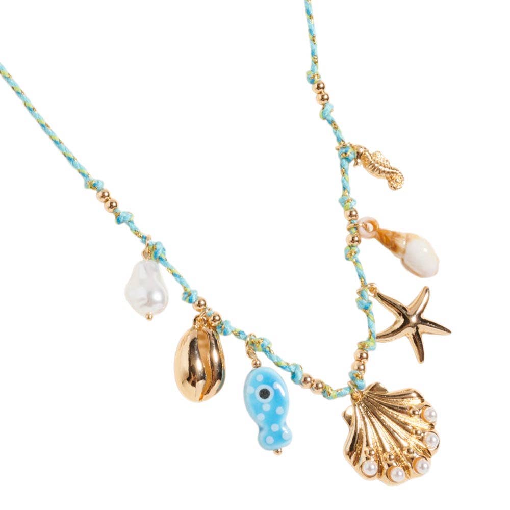 J5. Pearl Seashell Starfish Seahorse Charm Station Fabric Chain Twisted Necklace