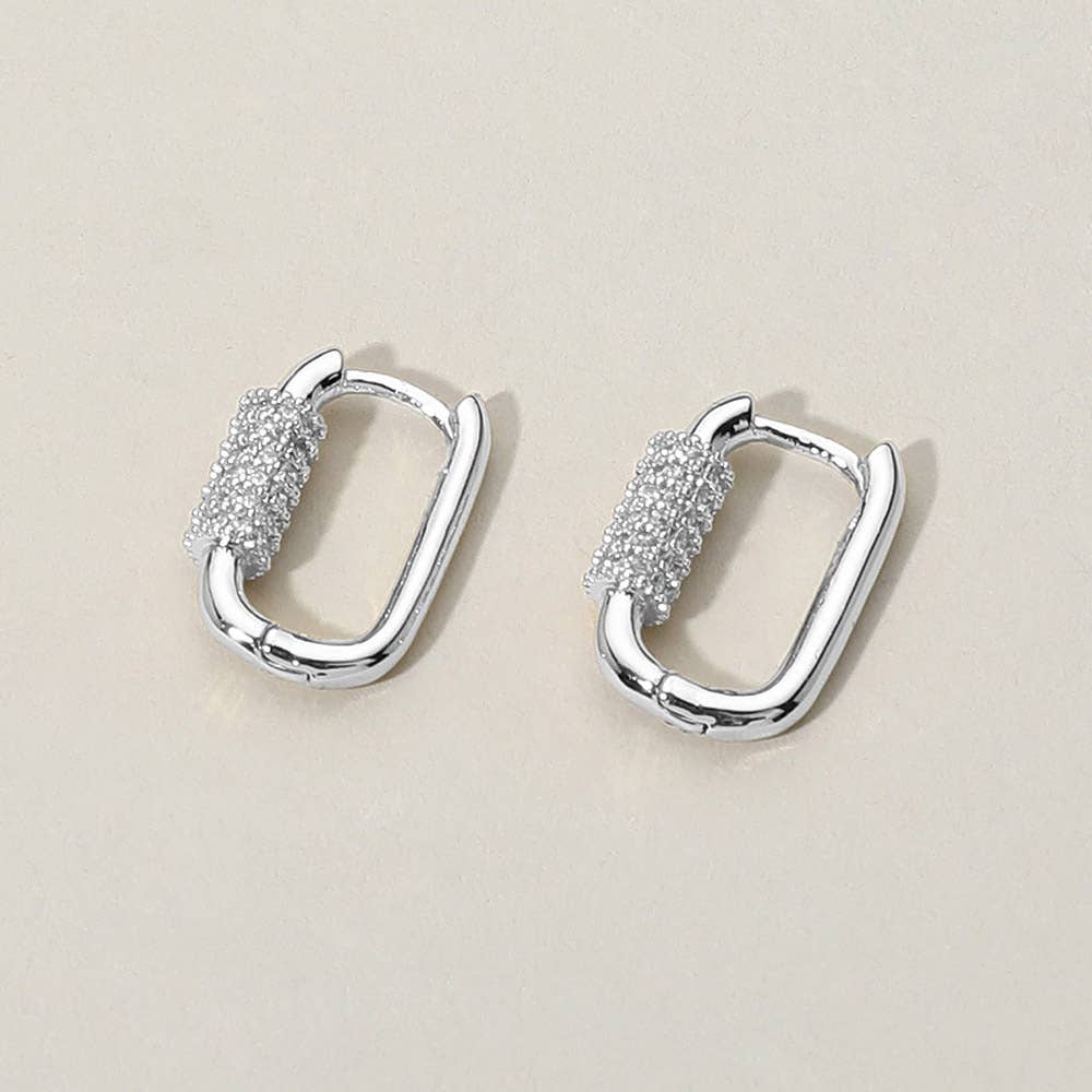CZ Stone Paved Carabiner Huggie Hoop Earrings: Yellow Gold