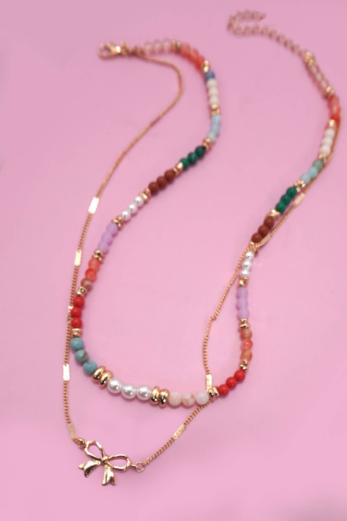 MULTI BEADED BOW CHARM DOUBLE LAYER NECKLACE | 80N91498: Gold