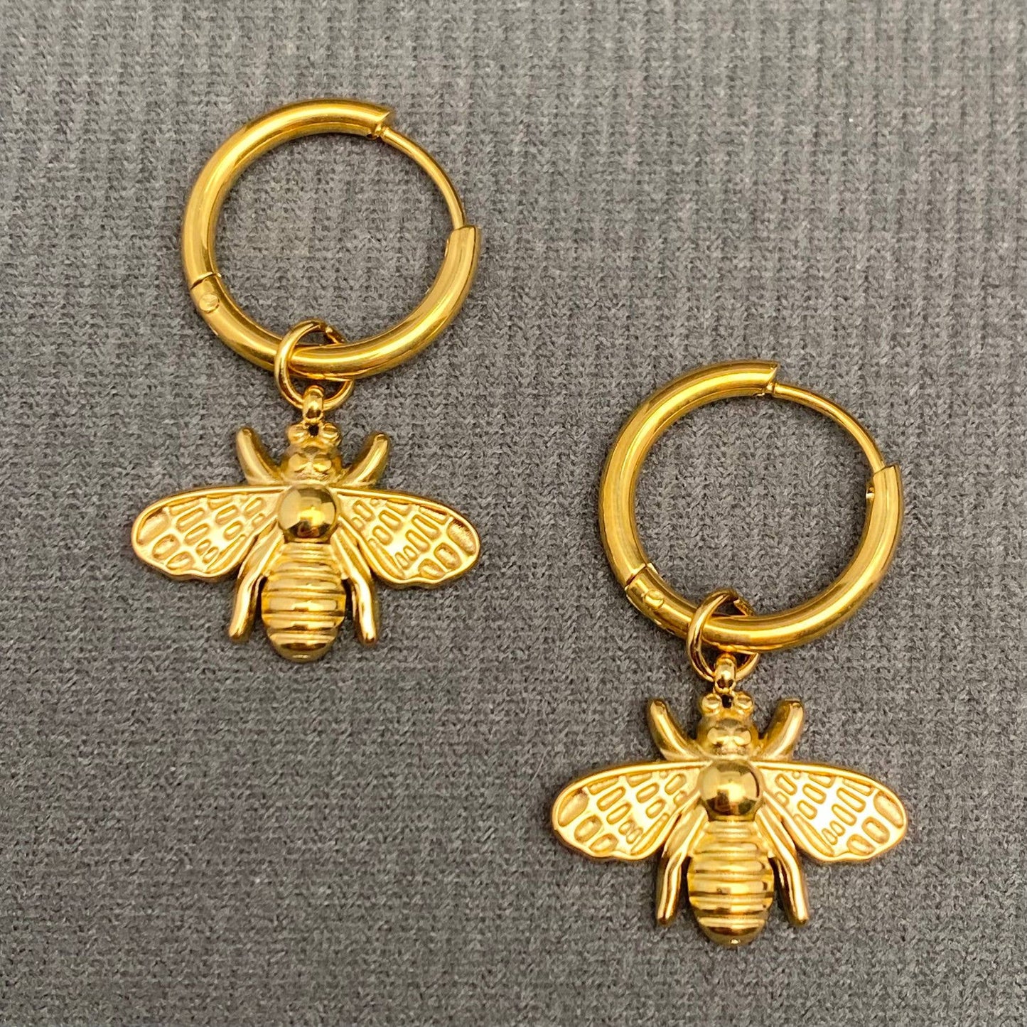 M18. 18K Gold Plated Bee Charm Huggie Earrings