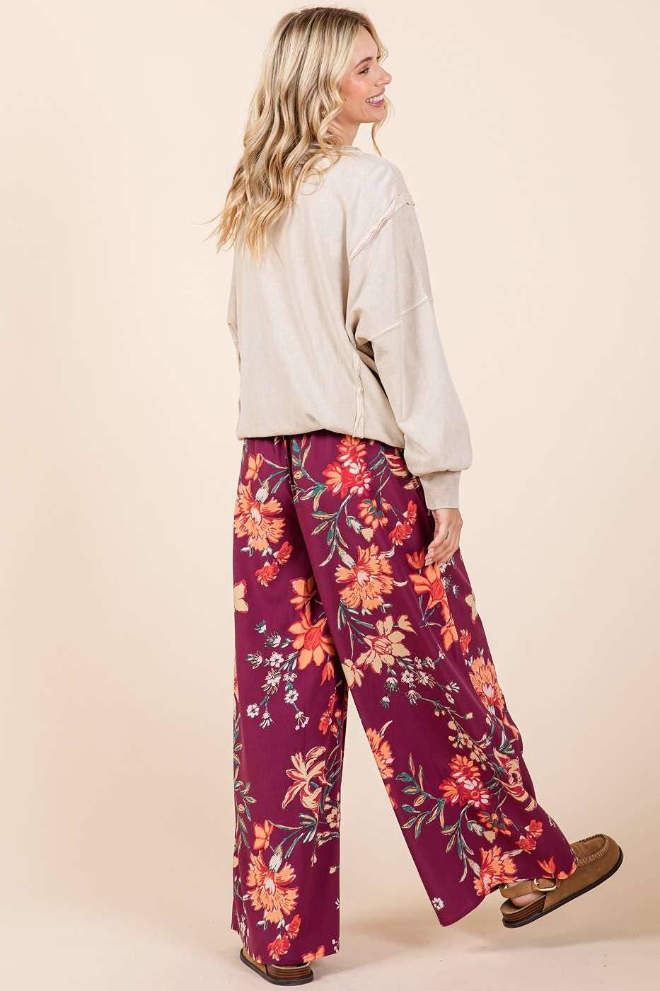 FLOWER PRINT ELASTIC WAIST MID RISE WIDE LEG PANTS