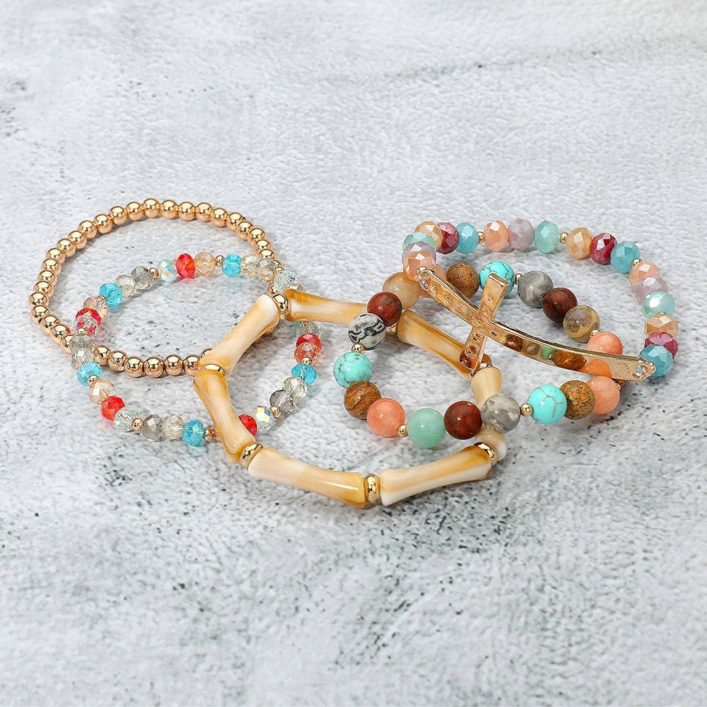 5PCS - Metal Cross Accent Resin Bamboo Bar Faceted Beaded Stretch Multi Layered Bracelets