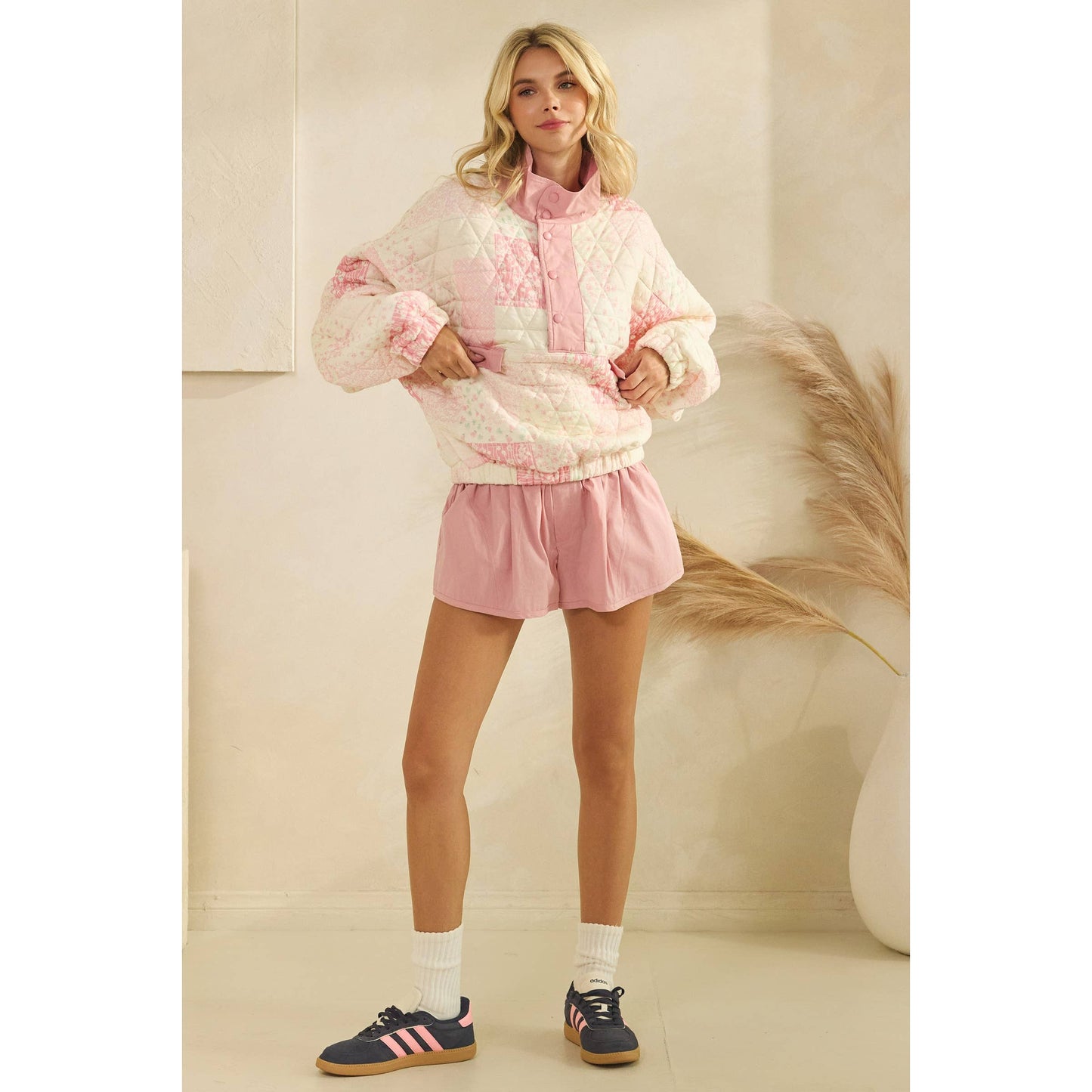 Textured Contrast printed Quarterzip Sweater: Pink Combo / L