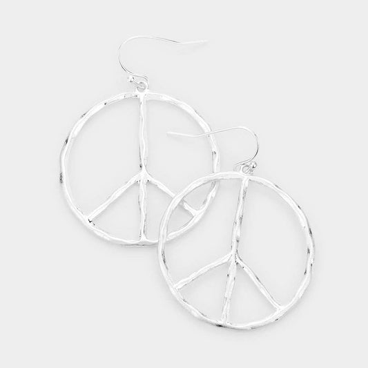 Metal Peace Mark Dangle Earrings: Worn Silver