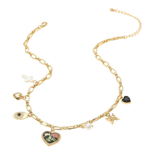 Butterfly Flower Enamel Detailed Heart Pendant Charm Station Necklace: Black,Gold