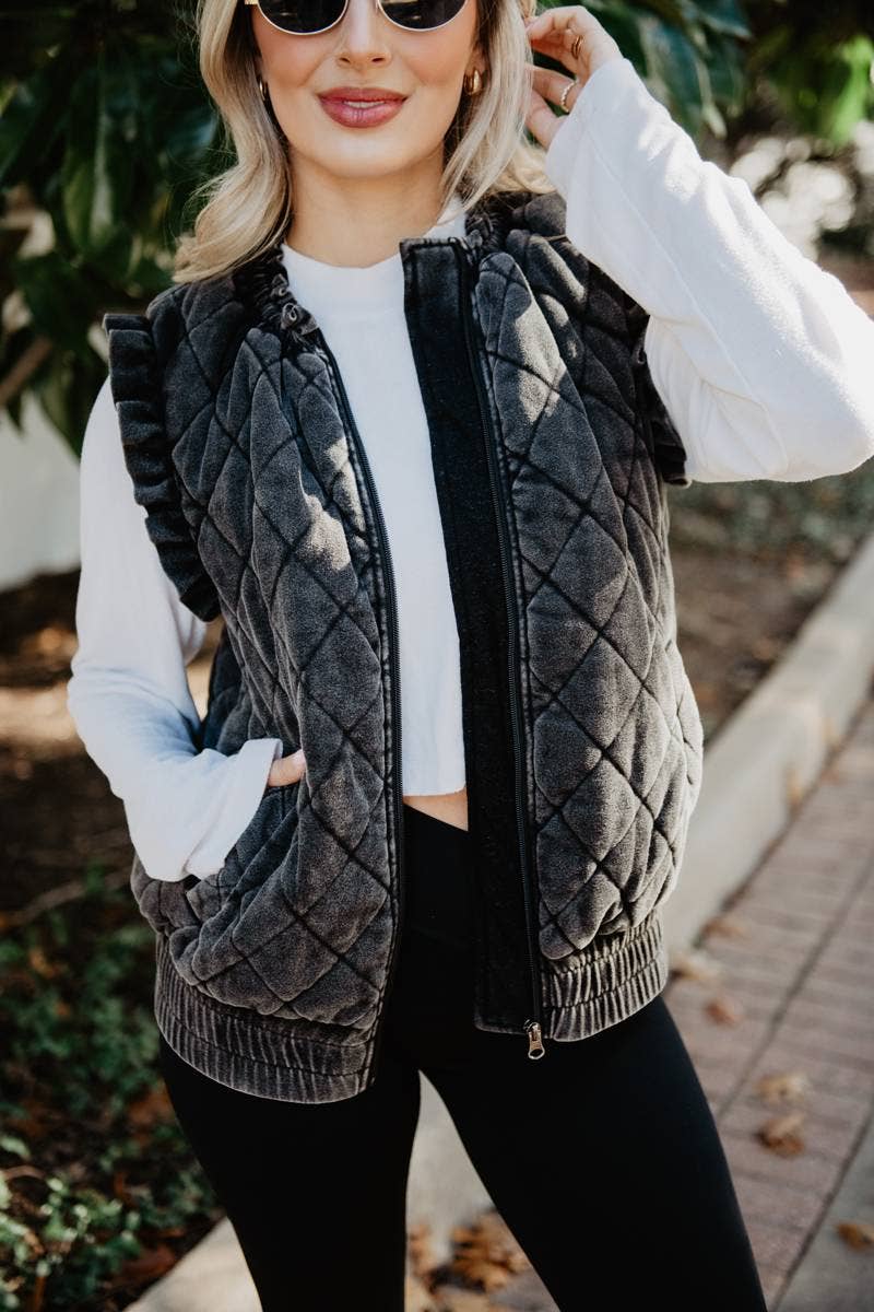 Garment Washed Quilted Ruffle Sleeve Vests