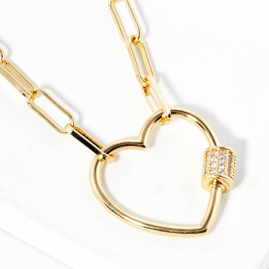 Gold Dipped CZ Open Heart Carabiner Pendant Chain Necklace: Yellow Gold