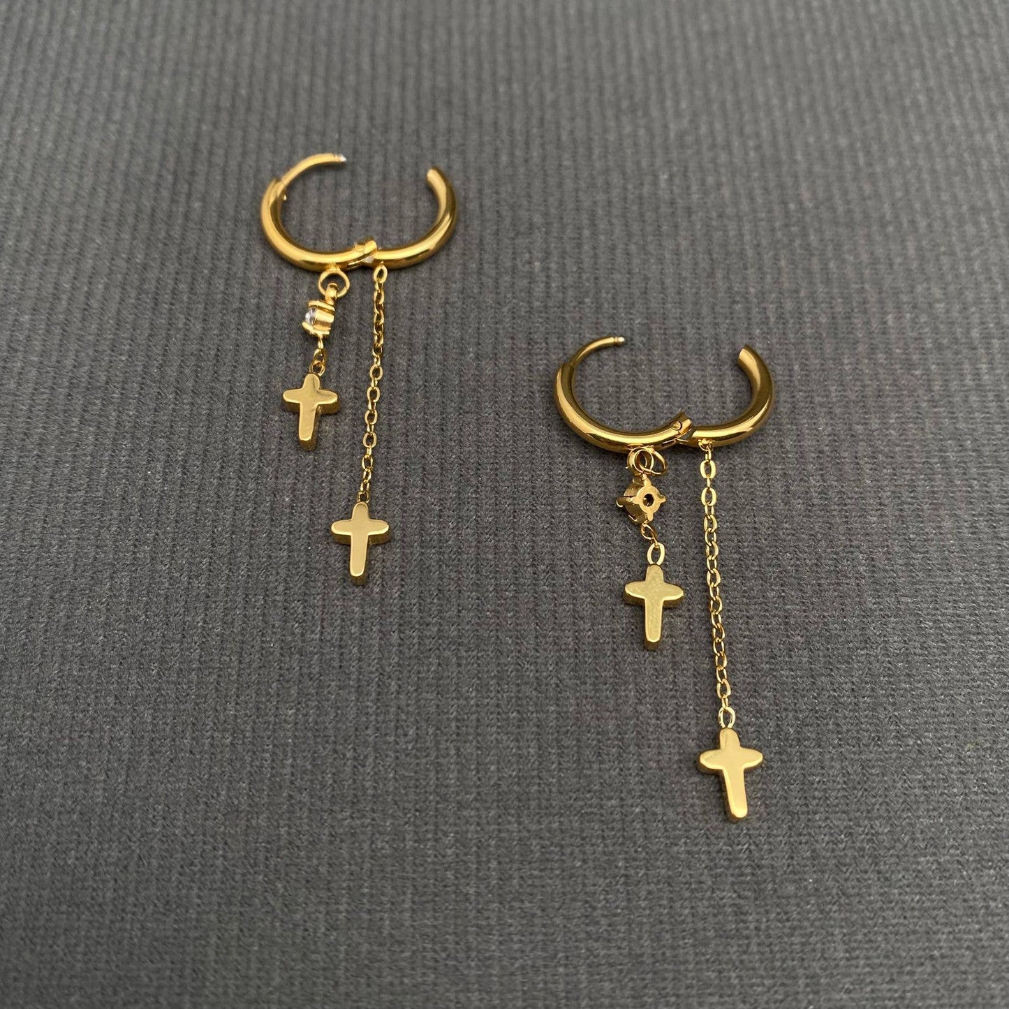 M20. Double Cross 18K Gold Plated Huggie Earrings