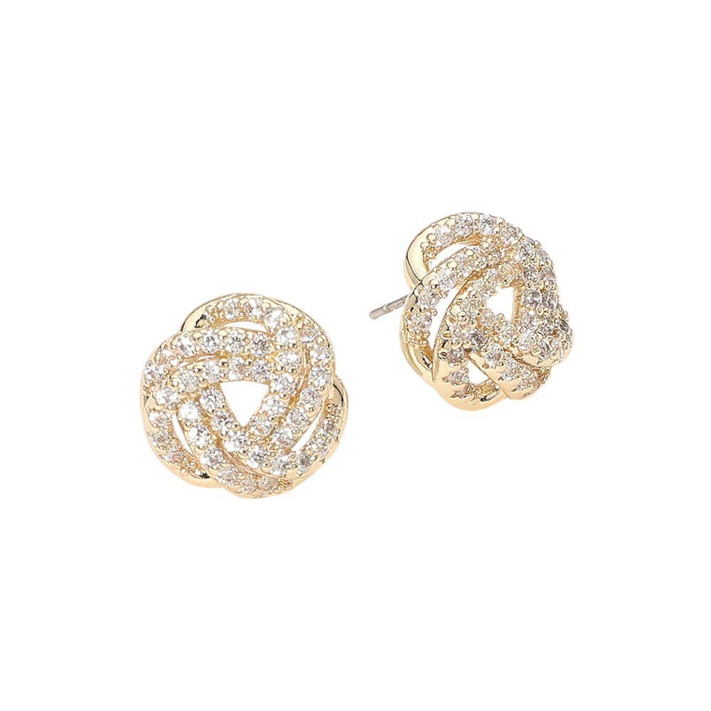 14K Gold Plated CZ Stone Paved Intertwined Knot Stud Earrings