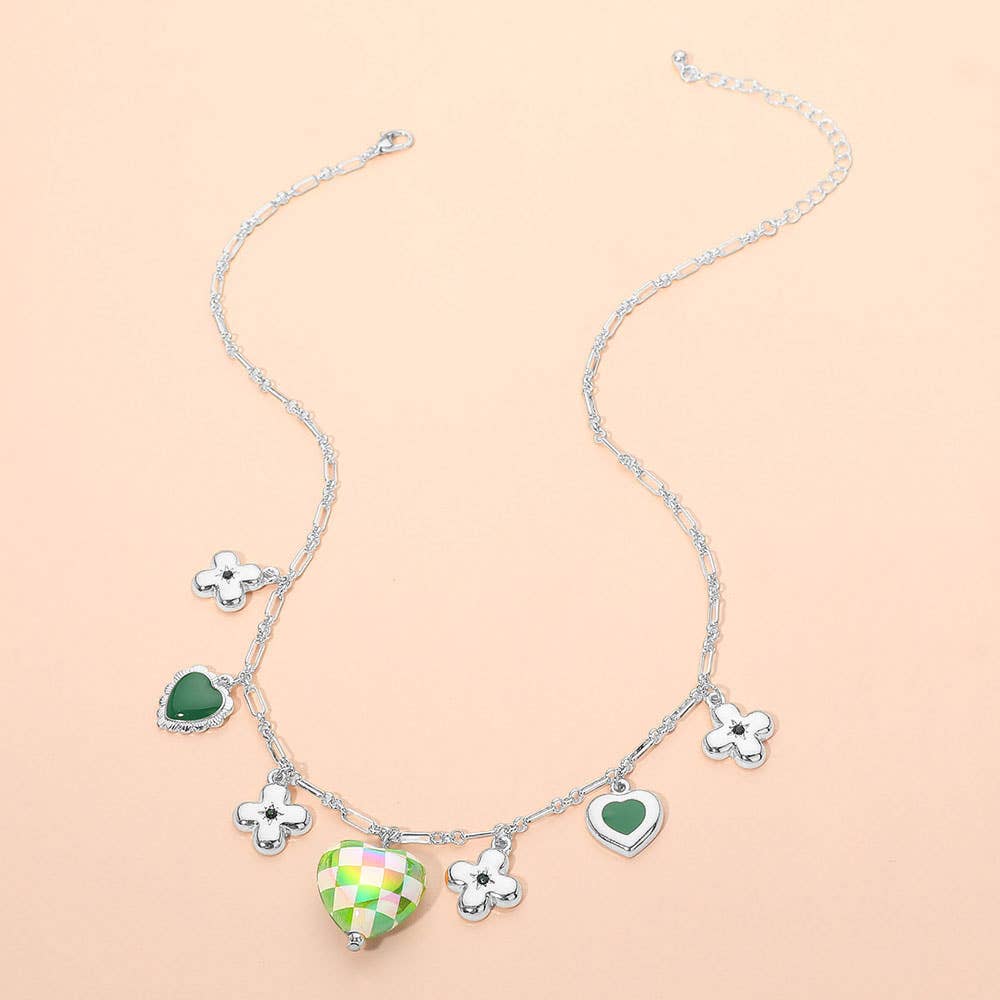 Heart Flower Motif Charm Station Necklace