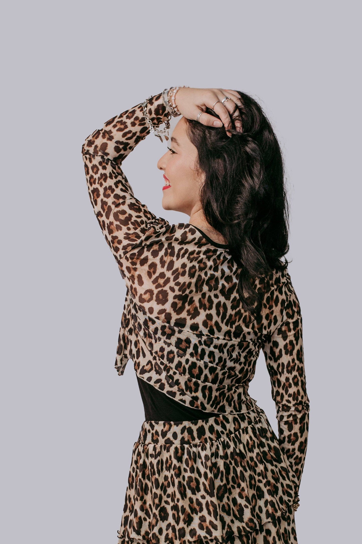MK684 Leopard Front tie Mesh Blouse