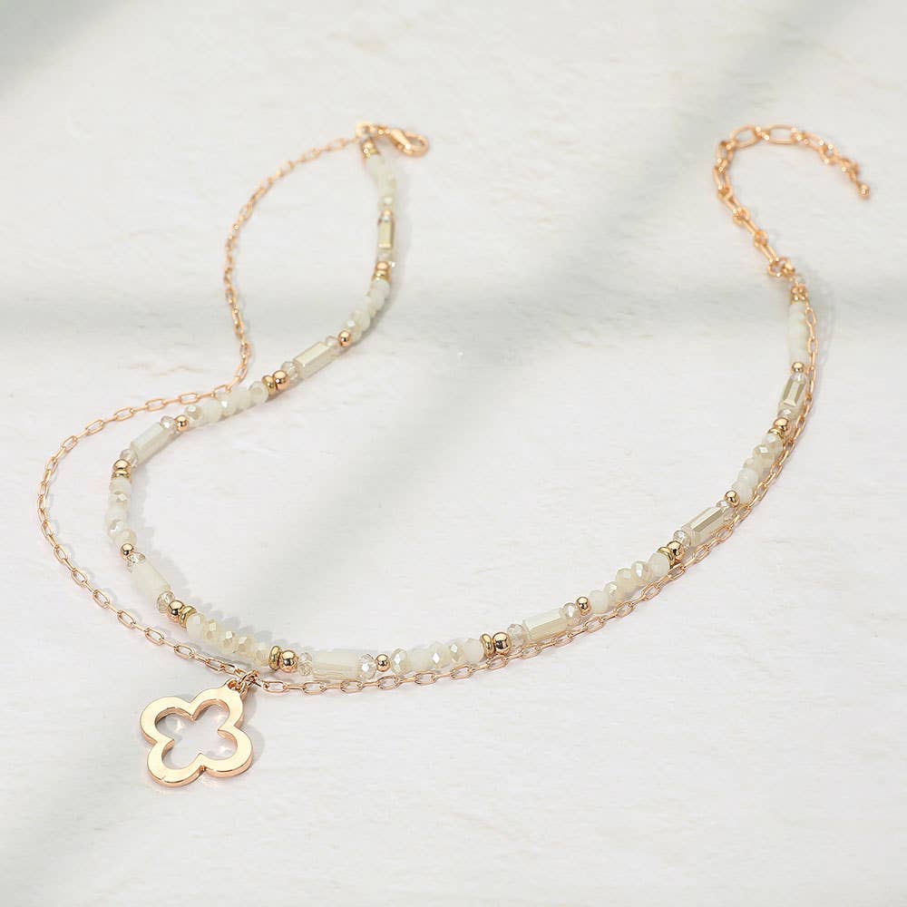 Metal Open Quatrefoil Pendant Faceted Beaded Layered Necklace