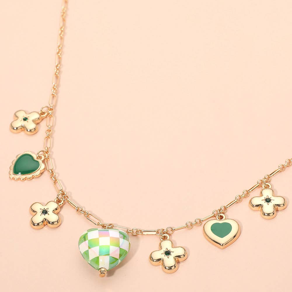 Heart Flower Motif Charm Station Necklace