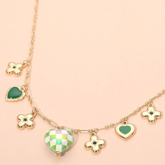 Heart Flower Motif Charm Station Necklace