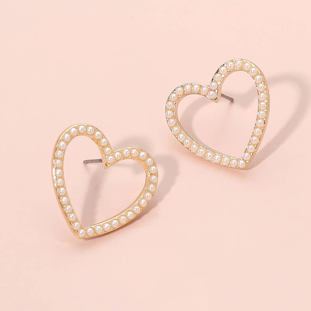 Pearl Trim Open Heart Stud Earrings