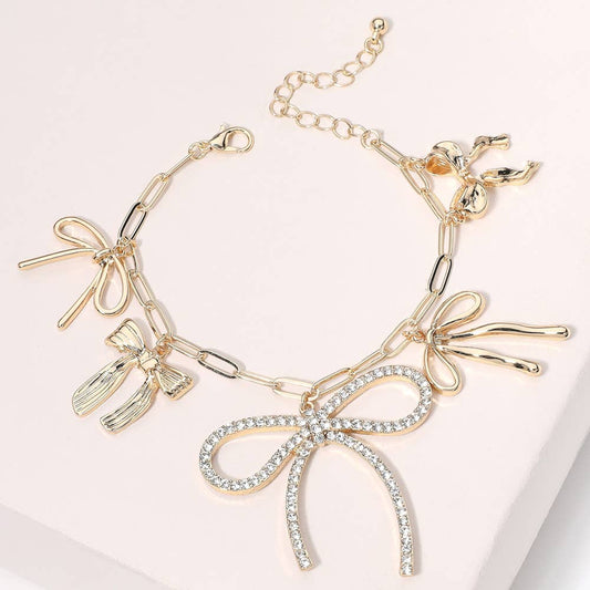 Stone Paved Bow Metal Bow Charm Station Paperclip Bracelet: Gold