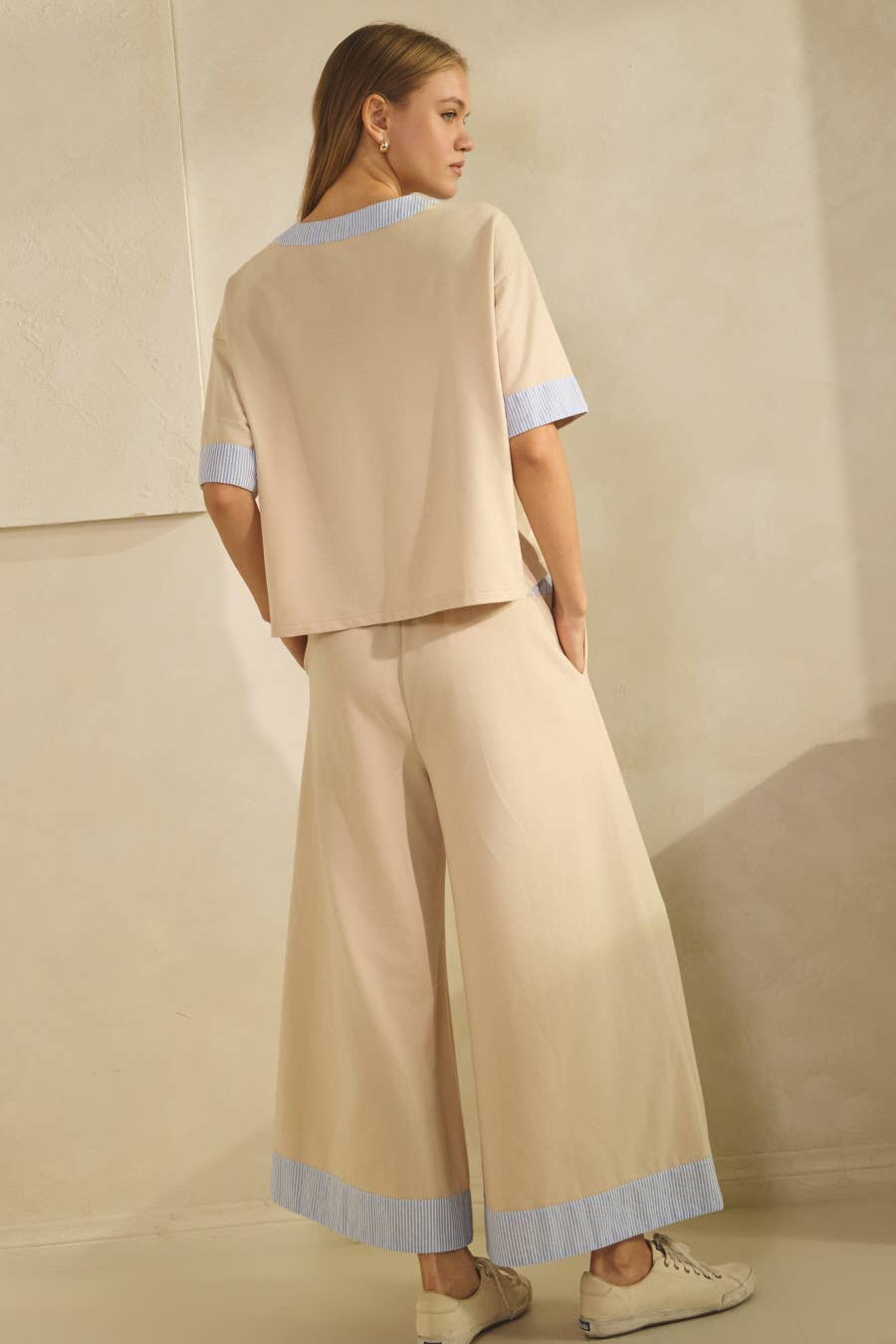 Oddi Contrast-trim Henley Top And Pants Set