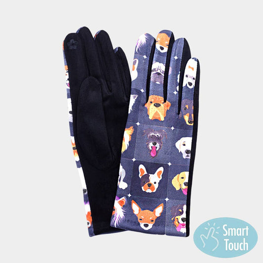 Playful Dog Face Printed Smart Touch Gloves: Black