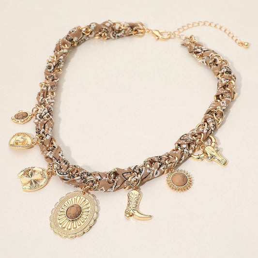 Western Themed Charm Fabric Braided Necklace: Beige,Gold