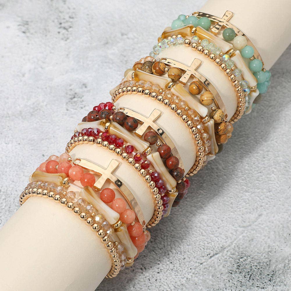 5PCS - Metal Cross Accent Resin Bamboo Bar Faceted Beaded Stretch Multi Layered Bracelets