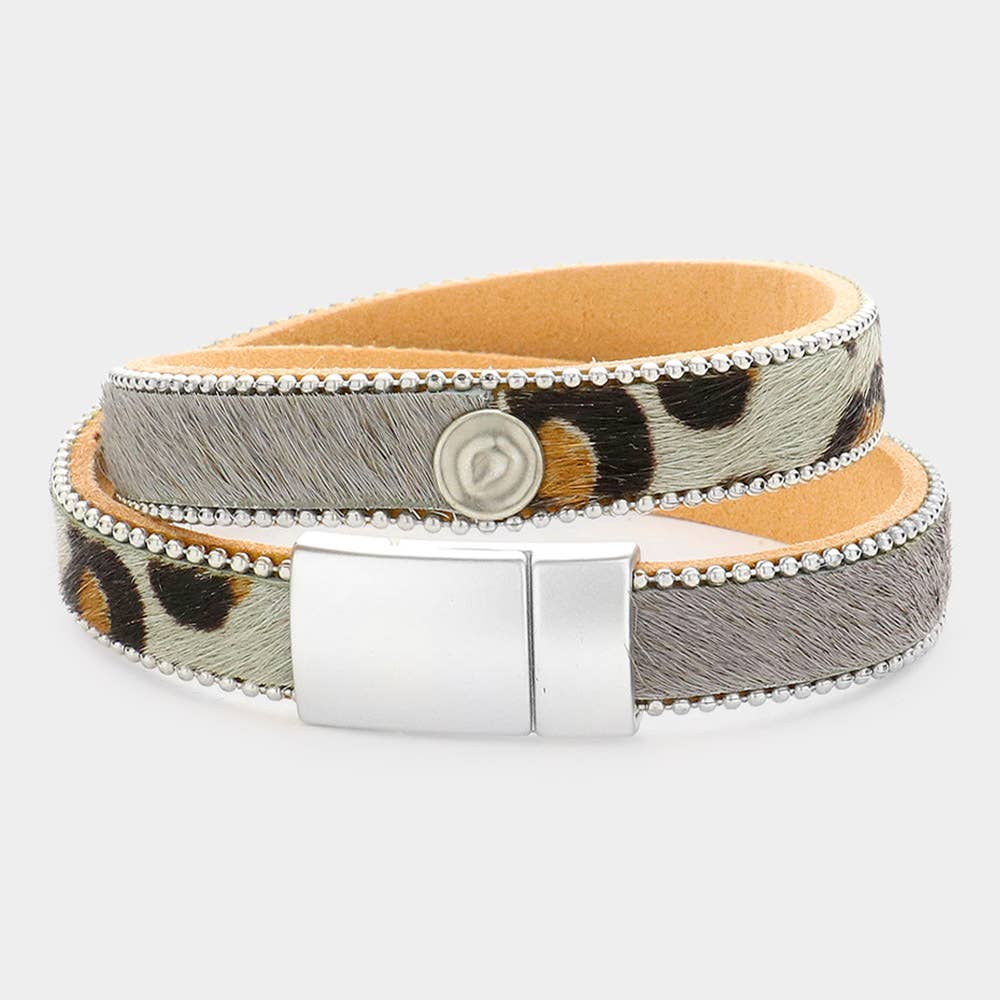 Animal Patterned Calf Magnetic Wrap Bracelet: Gray