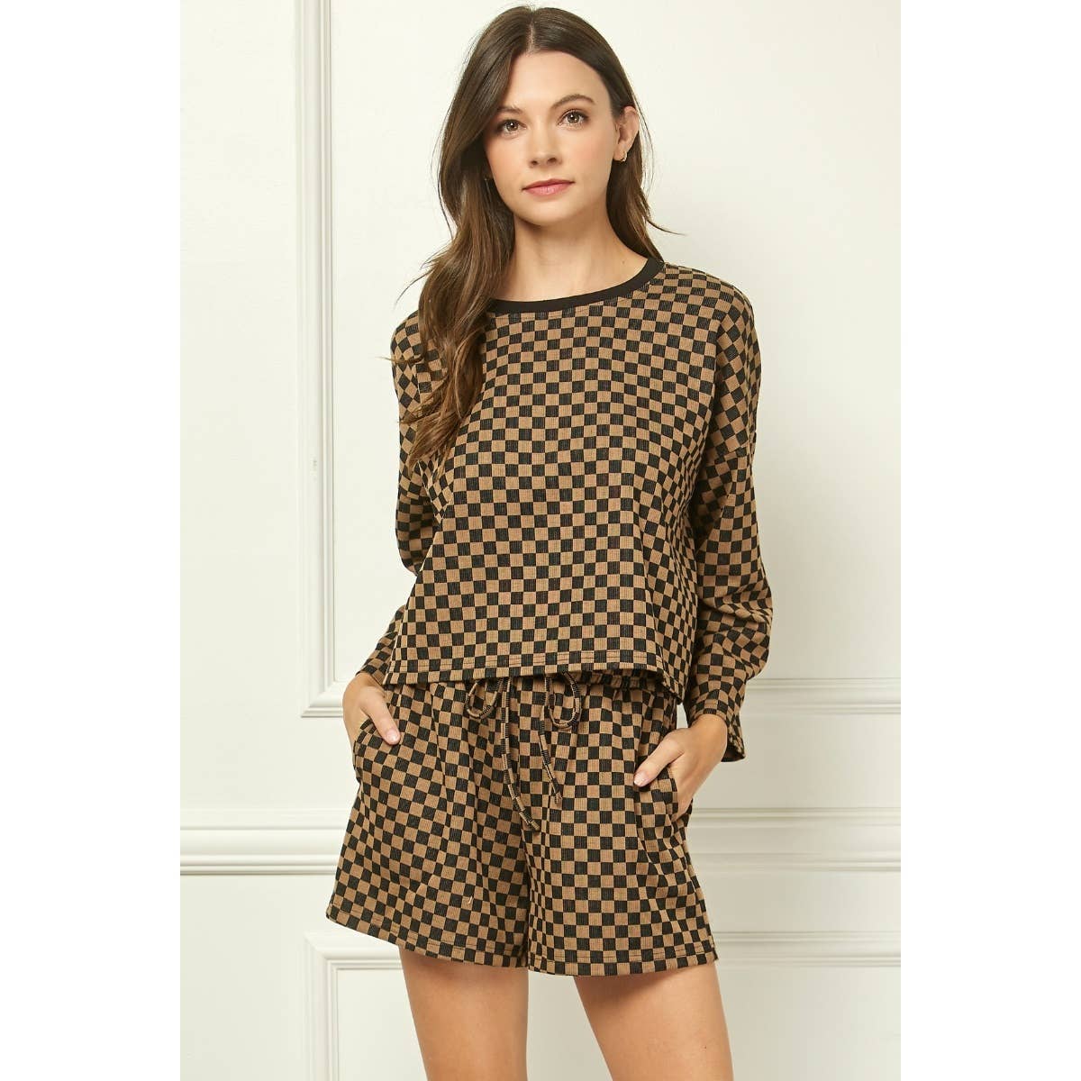 Checker Jersey Long Sleeve Top : Brown / S