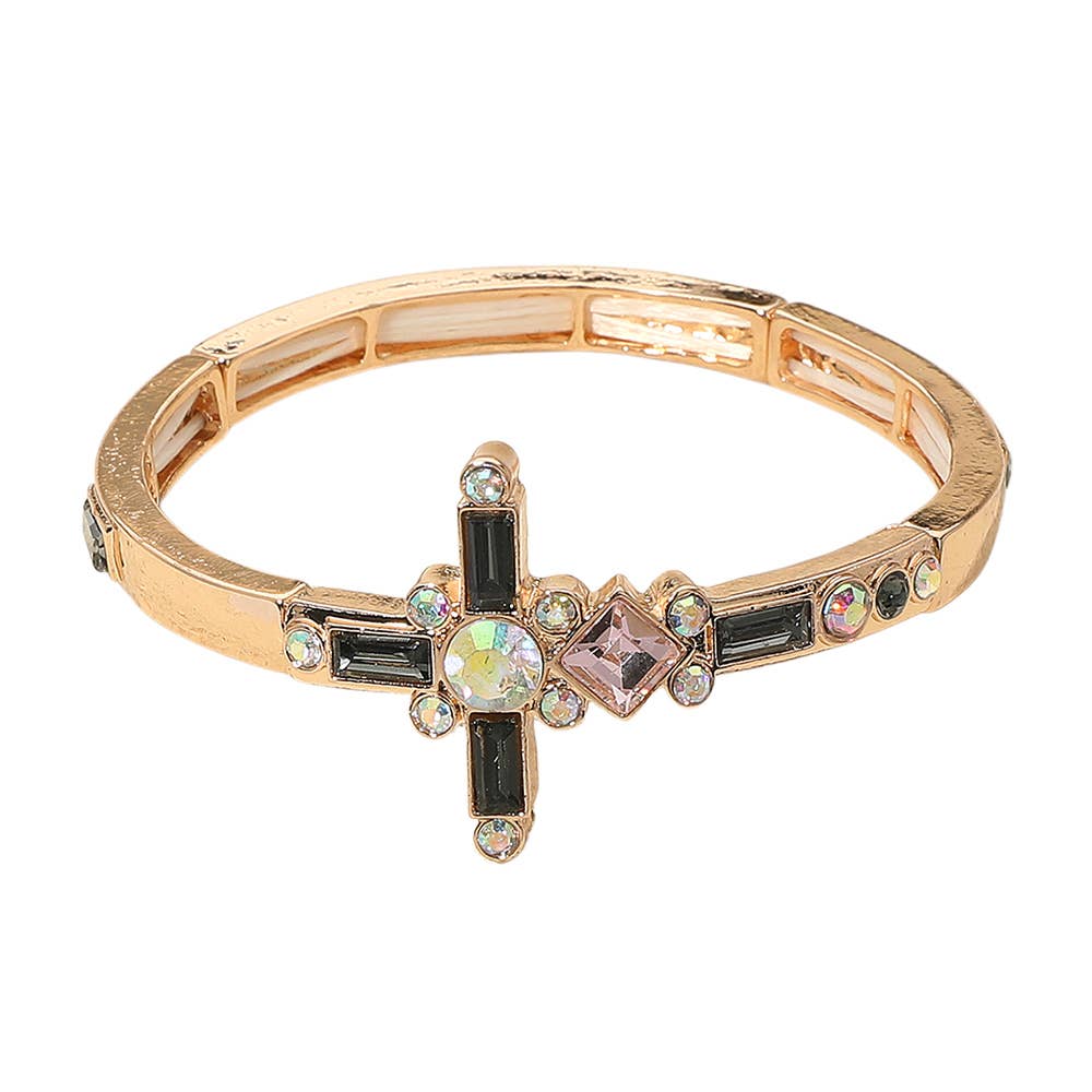 Mixed Stone Cross Accent Stretch Bracelet